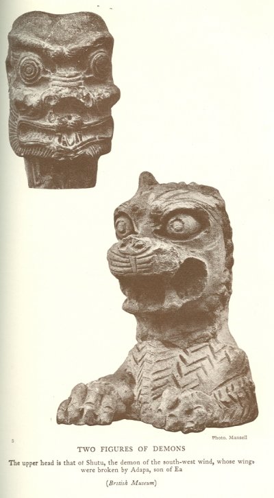 TWO FIGURES OF DEMONS<br> The upper head is that of Shutu, the demon of the south-west wind, whose wings were broken by Adapa, son of Ea<br> (<i>British Museum</i>)<br> Photo. Mansell