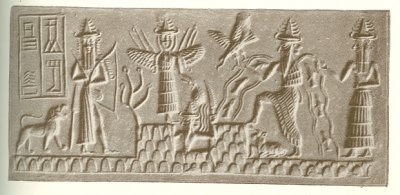 The winged Ishtar above the rising sun god, the river god, and other deities