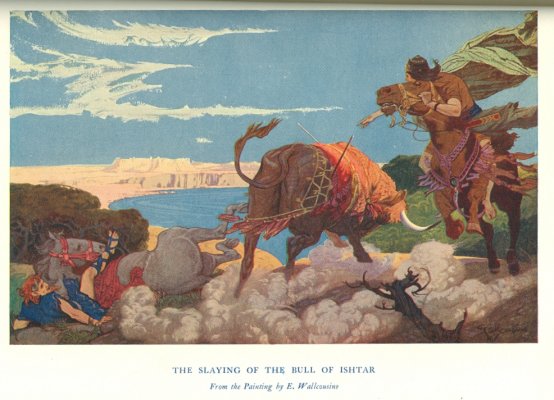THE SLAYING OF THE BULL OF ISHTAR<br> <i>From the Painting by E. Wallcousins</i>.