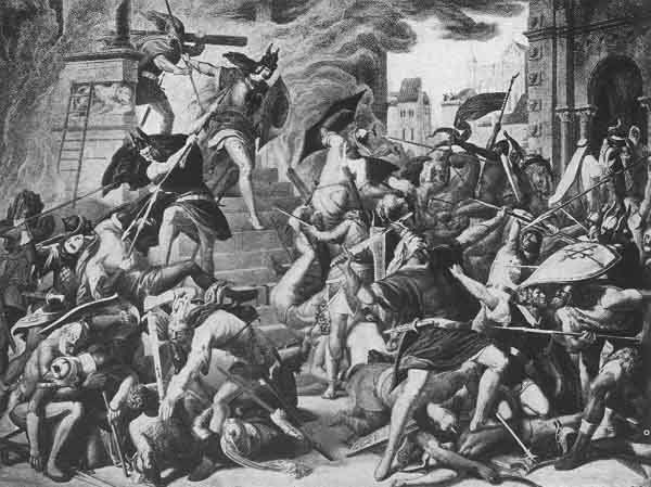 THE FIGHT ON THE STAIRS OF ETZEL'S PALACE<BR> <I>From the painting by Schnorr von Carolsfeld</I>