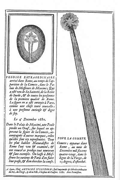 FIGURE 41. The Comet of 1680 and the marvellous Egg.<br> (Frontispiece of <i>Lettre dun gentil-homme de province une dame de qualitsur le sujet de la Comete</i>; Claude Franis Manestrier, 1681.)
