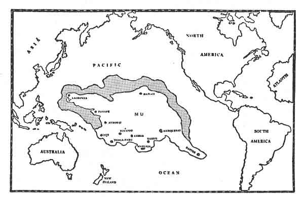 FIGURE 43. <i>The geographical position of Mu</i>.<br> (From <i>The Lost Continent of Mu</i>; James Churchward, 1926.)