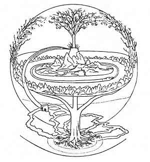 FIGURE 44. <i>Yggdrasil, the Cosmic Ash</i> (<i>From Finn Magnusen's</i> ''<i>Eddalen</i>.'')<br> (From <i>The Sacred Tree, or The Tree in Religion and Myth</i>; Mrs. J. H. Philpot, 1897.)