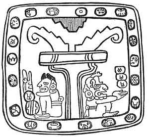 FIGURE 50. <i>Our First Parents</i>. <i>From the Codex Cortesianus</i>.<br> (From <i>A Primer of Mayan Hieroglyphics</i>; Daniel G. Brinton, 1894.)
