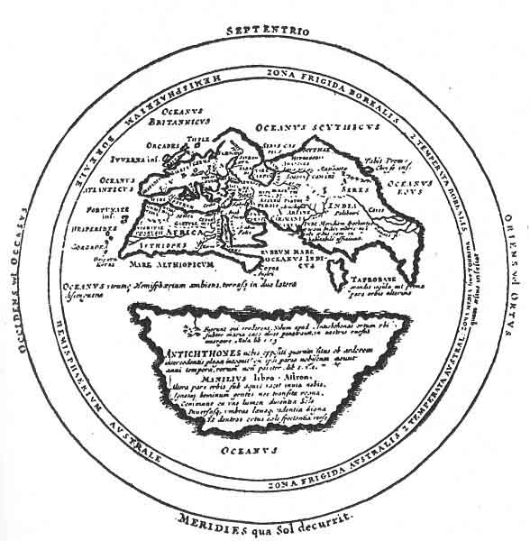 FIGURE 75. <i>Pomponius Mela's Map of the World, with Antichthones </i>(<i>1st century A.D.</i>)<br> (From <i>De situ Orbis</i>; Pomponius Mela, 1536.)
