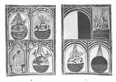 Plate I: STAGES OF CREATION<br> <i>From right to left: I. Chaos: Division of Light from Darkness: Separation of Earth and Water. Vegetation. II. Sun, Moon, and Stars: Fishes and Birds: Animals and Man; Sabbath Rest</i>.<br> (From <i>Haggadah von Sarajevo</i> of the 14th century)