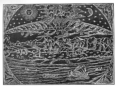 PLATE VI. THE PRIMORDIAL EARTH AND SEA<br> (From <i>Cosmographia Universalis</i>, Sebastian Muenster, 1599).