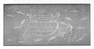 PLATE VII. A. <i>A kufa laden with stoner and manned by a crew of four men. Drawn by Faucher-Gudin from a bas-relief at Koyunjik</i>.<br> (From <i>The Dawn of Civilization</i>; Gaston Maspero, 1894)