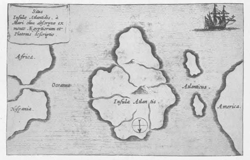 PLATE XV <i>Situation of the Island of Atlantis, according to the ideas of the ancient Egyptians and the description of Plato</i>.<br> (From <i>Mundus Subterraneus</i>; Athanasius Kircher, 1678)