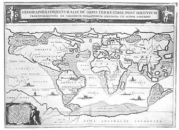 PLATE XVII. <i>A Conjectural Geography of the Translation of the Earth after the Deluge</i>.<br> (From <i>Arca Nolt;/i>, Athanasius Kircher, 1665).