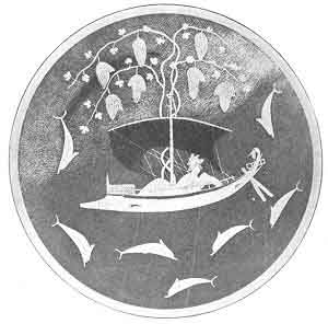 PLATE XXII. DIONYSOS IN THE SHIP<br> <i>A black-figured kylix by Exekias</i> (<i>6th cen. B.C.</i>). <i>in Munich</i> (<i>Furtwgler-Reichhold; Griechische Vasenmalerei, No. 42</i>).<br> (From <i>Mythology of All Races</i>, 1927. Vol. I, Plate XLIX)