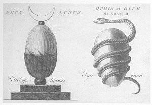 PLATE XXIX. A. <i>Deus Lunus</i>. B. <i>Ophis et Ovum Mundanum</i>.<br> (From <i>Ancient Mythology</i>; Jacob Bryant, 1774, Vol. Il)