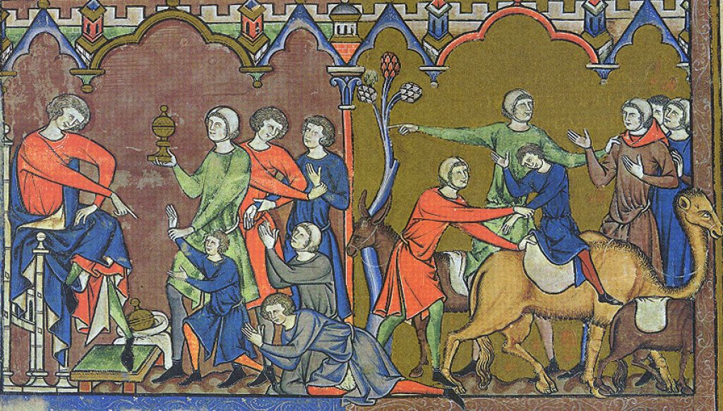 Illustration from the Morgan Bible of Benjamin being returned to Egypt (Genesis 44).